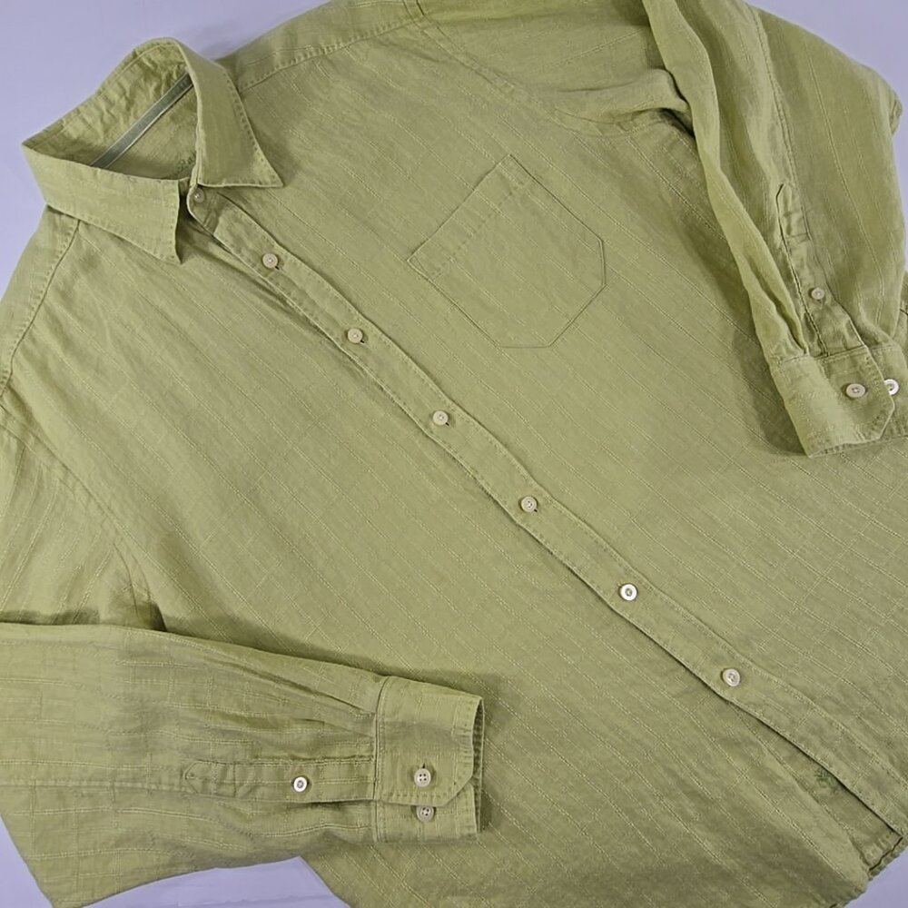 TOMMY BAHAMA Shirt MEN'S SIZE LARGE Green Linen Long Sleeve Button Up Windowpane